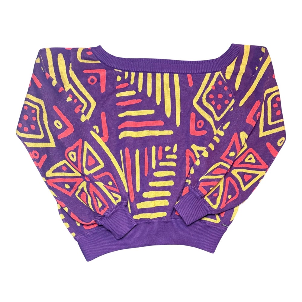 D'Iyanu Knit Geometric Sweater Womens 1X Purple Yellow Red Boat Neck Long Sleeve